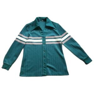 VINTAGE 70’S GREEN STRIPE BUTTON UP BLOUSE RETRO TWEE